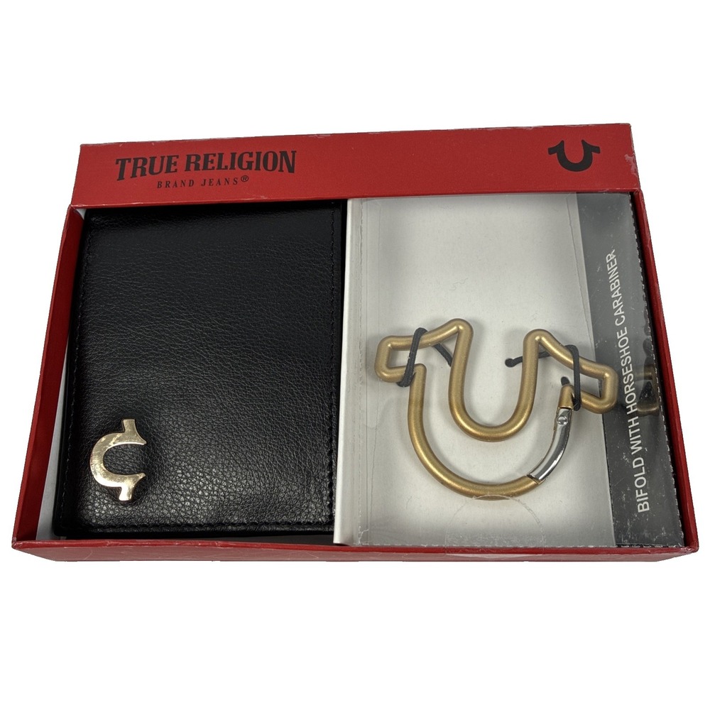 Mens True Religion Altro Black/Gold Leather Bifold &Horseshoe Carabiner New